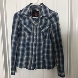 G by Guess Studded Blue and Gray Flannel Shirt
